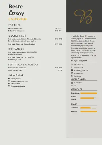 Çocuk Gelişimi Bölümü CV Örnekleri cv indir